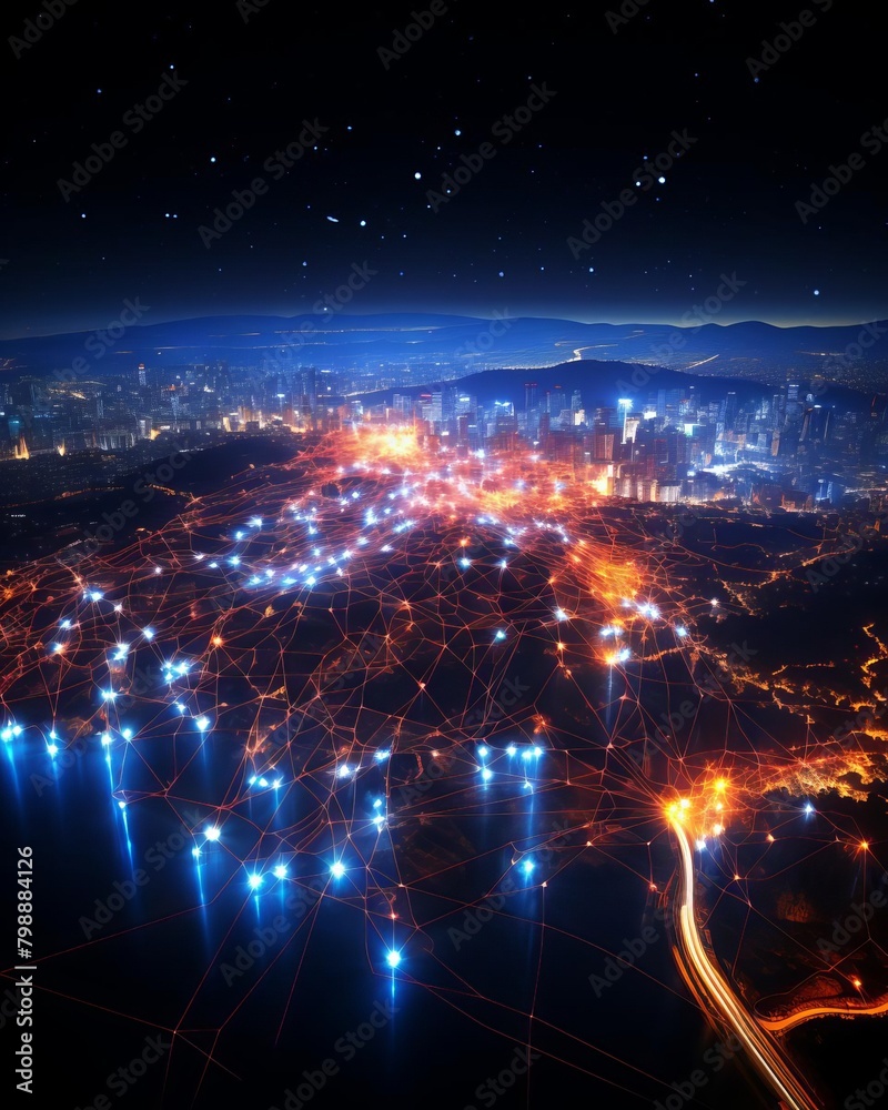 Fototapeta premium A glowing city at night with a starry sky and a network of glowing lines connecting the buildings.