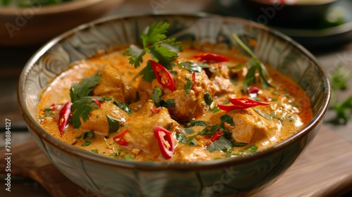 A bowl of coconut milk-based curry with floating chili peppers and herbs, offering a taste of Thai culinary excellence.