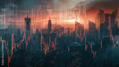 A crumbling stock market graph overlaid with a city skyline in distress