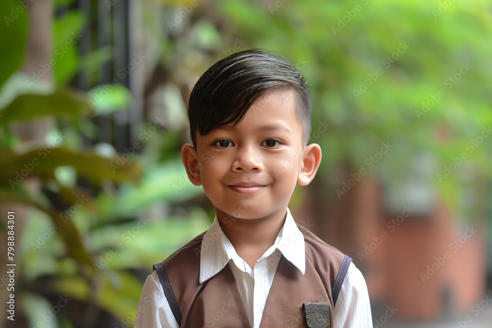 Portrait of a happy schoolboy with a cheerful expression. Wearing a school uniform vest. Smiling and looking at the camera with confidence. Enjoying the outdoors in a natural greenery background Portrait of a happy schoolboy with a cheerful expression. Wearing a school uniform vest. Smiling and looking at the camera with confidence. Enjoying the outdoors in a natural greenery background