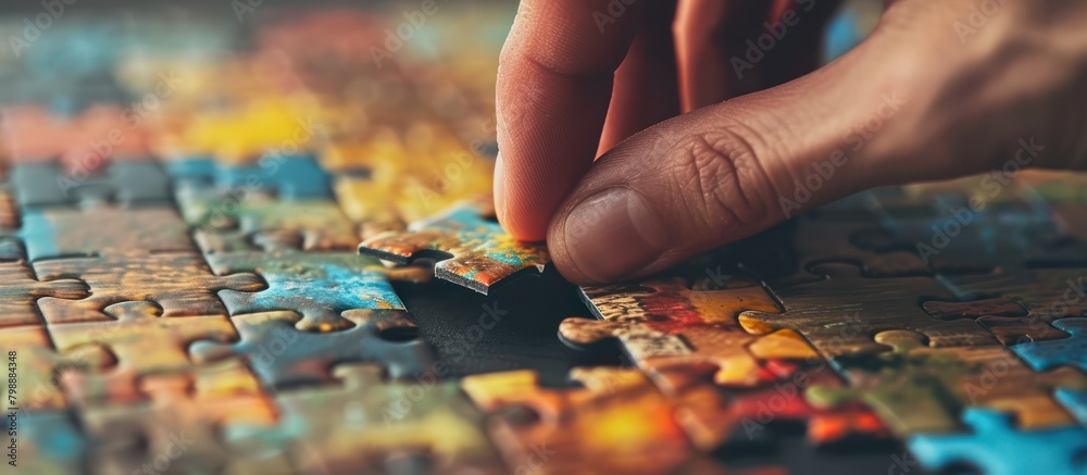 close up hand pick up a piece of jigsaw close up hand pick up a piece of jigsaw