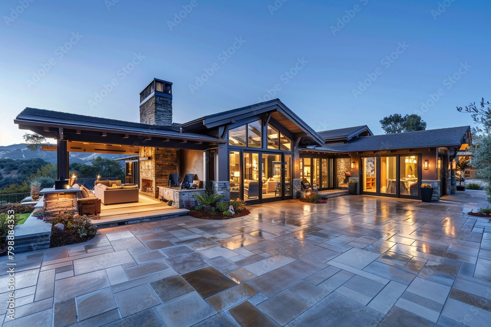 A sprawling Craftsman ranch with an open floor plan, large glass doors, and a seamless indoor-outdoor living space, nestled in a tranquil valley. A sprawling Craftsman ranch with an open floor plan, large glass doors, and a seamless indoor-outdoor living space, nestled in a tranquil valley.