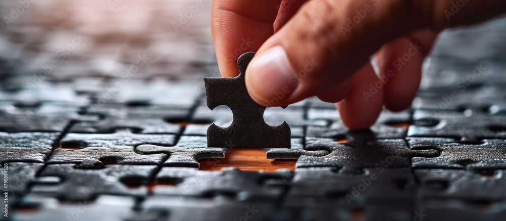close up hand pick up a piece of jigsaw close up hand pick up a piece of jigsaw