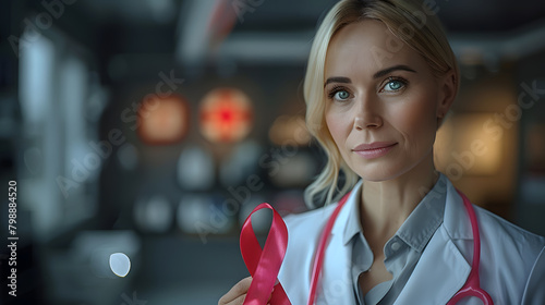 A woman doctor holding a red ribbon in her hand on an international day to protect people from cancer by the symbol of struggle and survival of mankind.