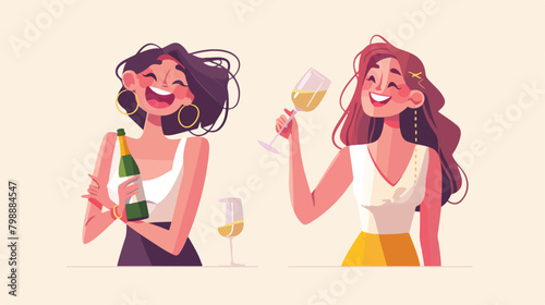 Happy celebrating woman with holding a bottle of ch