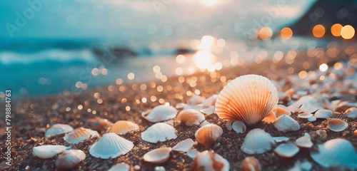 Summer background with place for text. Sandy ocean shore with beautiful shells illuminated by the sun's rays. Generative AI