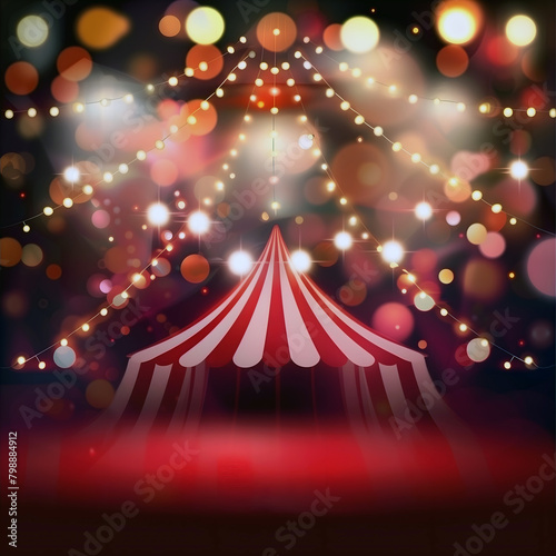 Enchanted circus tent and stage with sparkling lights background