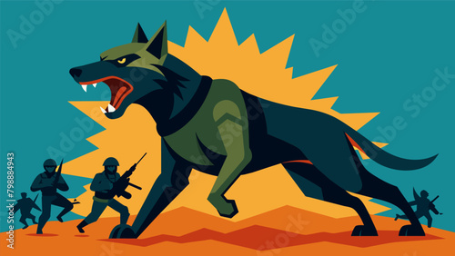 Fearless and Loyal An intense illustration showcasing a military war dog fearlessly taking down an enemy symbolizing their loyalty and protective. Vector illustration