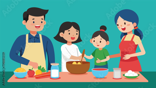 Parents teaching their children how to make traditional recipes passing down cultural traditions through food.. Vector illustration