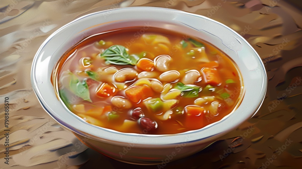 A bowl of traditional Italian minestrone soup with floating pasta, beans, and vegetables, comforting and hearty for any meal. A bowl of traditional Italian minestrone soup with floating pasta, beans, and vegetables, comforting and hearty for any meal.
