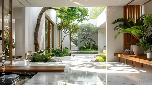 White modern house with a wooden bench, courtyard surrounded by greenery and trees, marble floor in the middle of which there is an open space for seating and relaxing. Generative AI. © visoot