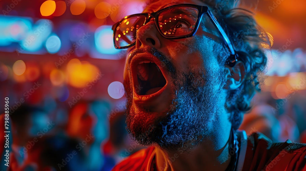 A sports fan's reaction to an unexpected win at a game, emotion and surprise captured in the moment