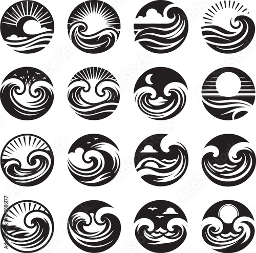 Wallpaper Mural set of sea wave sunset logo icon silhouette symbols clipart, sunset logo concept, collection of sunset with sea wave logos Torontodigital.ca