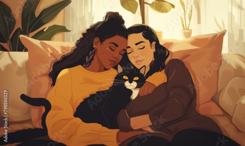 Digital artwork of two lesbian women, an Afro woman and a European, relaxing on a sofa with a cat surrounded by plants