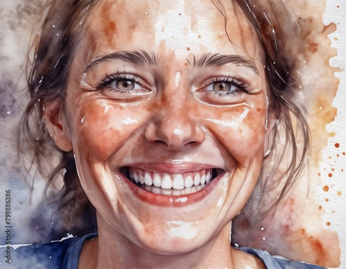 portrait of a woman with freckles, smiling. The woman has blue eyes and her hair is messy. Her skin has white splatters on it, giving it a watercolor effect.