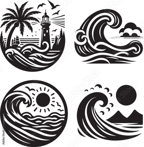set of sea wave sunset logo icon silhouette symbols clipart, sunset logo concept, collection of sunset with sea wave logos