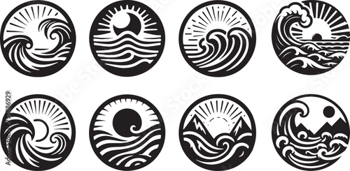set of sea wave sunset logo icon silhouette symbols clipart, sunset logo concept, collection of sunset with sea wave logos