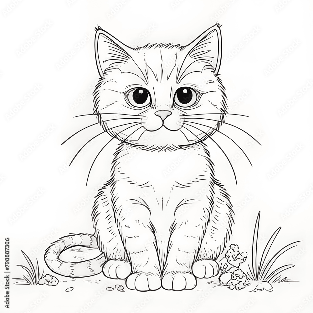 Black and white coloring book page, cat