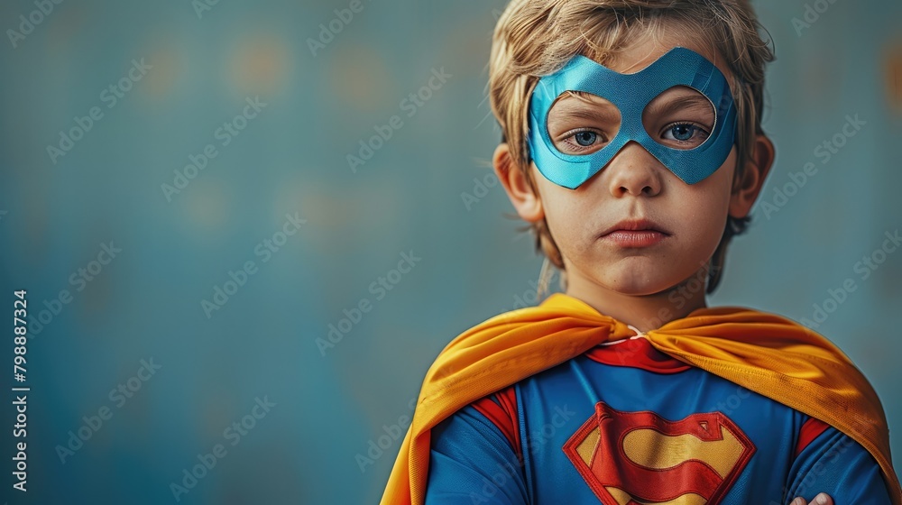 Boy in a super hero costume, free space. Generative AI. Boy in a super hero costume, free space. Generative AI.