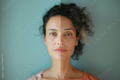 Happy aging identity through skincare solutions using salicylic acid and face lift, helping woman manage wrinkle severity and aging duality in life transitions.