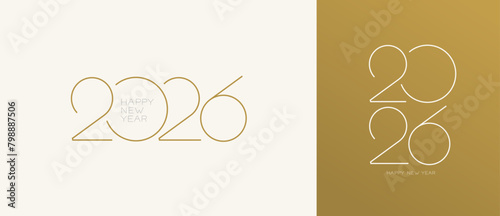 2026, Happy New Year 2026, thin and graceful gold numbers. Design template with typography trend logo 2026 for celebration, season decoration. Minimalist background for branding, card, banner, cover