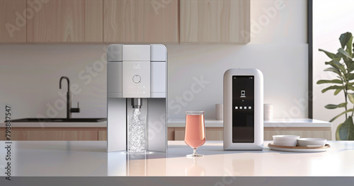 A modern water dispenser featuring a smartphone as its display interface, in a minimalist white background setting. Generative AI. photo
