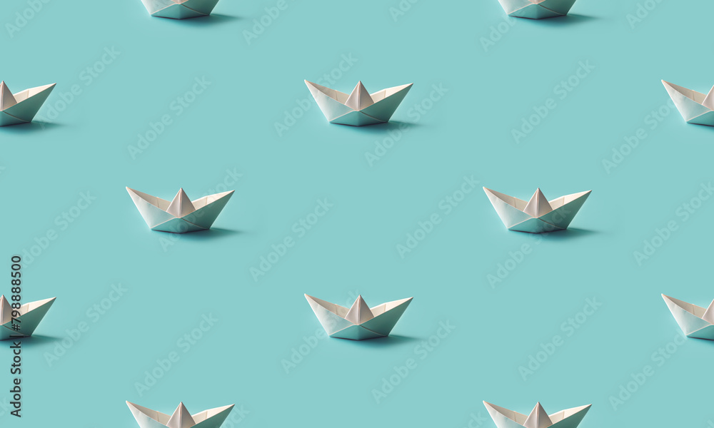 Seamless pattern made with origami paper boats on blue background. Creative and trendy concept. 3d style print Seamless pattern made with origami paper boats on blue background. Creative and trendy concept. 3d style print
