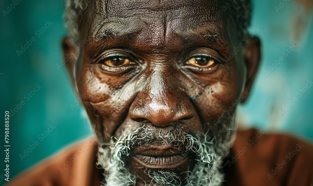 An elderly Afro man with a gray beard gazes into the camera, close-up shot An elderly Afro man with a gray beard gazes into the camera, close-up shot