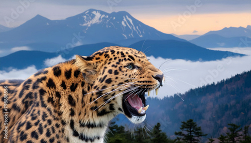 Amur leopard in mid-prowl teeth showing roaring in the forest with the mountains in the background photo