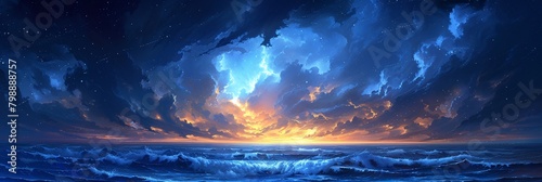 Illustration of a fabulous night sea with looming clouds
