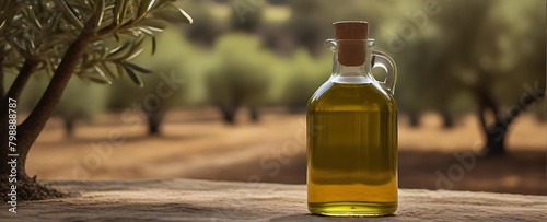 Olive oil and olives on wooden table with nature background.