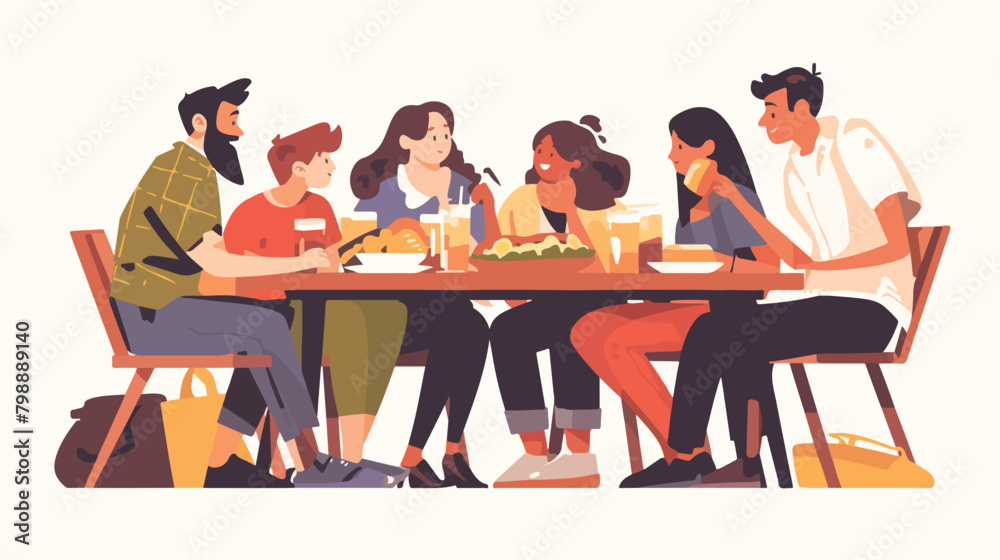 Happy friends gathering around table eating lunch t