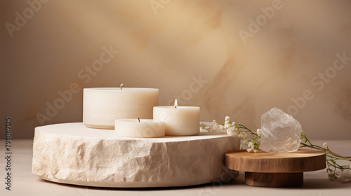 Three white candles on a marble table with a wooden coaster and a crystal. photo