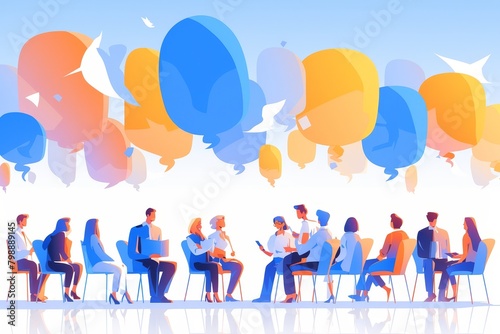 A group of people sitting in chairs, having an open conversation with speech bubbles above their heads 