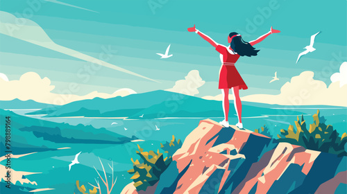 Happy free woman rejoicing on top edge of mountain