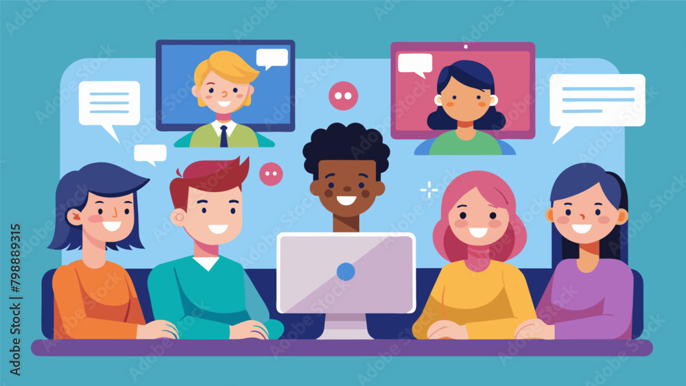 An illustration of a group of diverse cartoon characters sitting in a virtual room typing encouraging messages to each other on a monitor representing. Vector illustration An illustration of a group of diverse cartoon characters sitting in a virtual room typing encouraging messages to each other on a monitor representing. Vector illustration