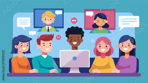 An illustration of a group of diverse cartoon characters sitting in a virtual room typing encouraging messages to each other on a monitor representing. Vector illustration