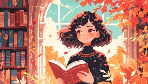 A cute anime girl holding an open book, surrounded by colorful trees and books in the background