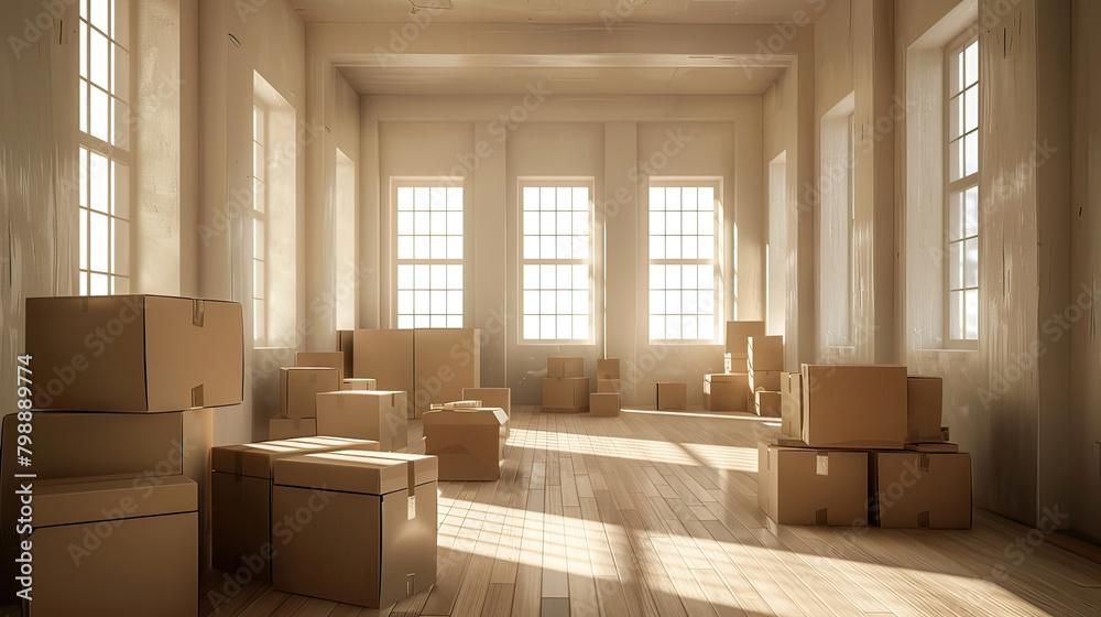 Empty room filled with moving carton boxes, indicating a transition or relocation process underway. Empty room filled with moving carton boxes, indicating a transition or relocation process underway.