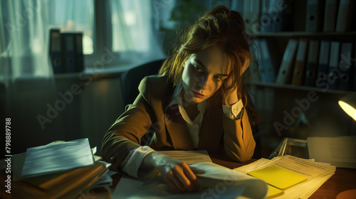 Exhausted businesswoman working late, reading documents under desk lamp in office