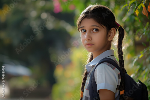 Portrait of a young schoolgirl with a backpack, looking thoughtful, standing outdoors with natural sunlight illuminating her face, amidst a blurred background of greenery and flowers