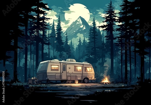 A cute cartoon illustration of a camper parked in the forest next to a campfire, with mountains in the background
