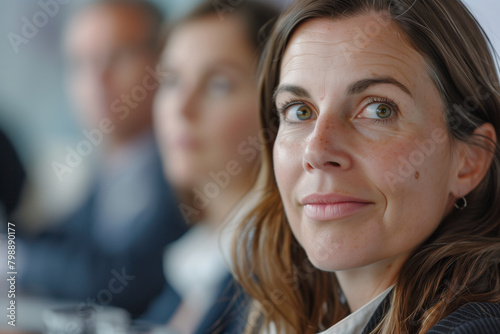Close-up of Pensive Woman in a Business Meeting