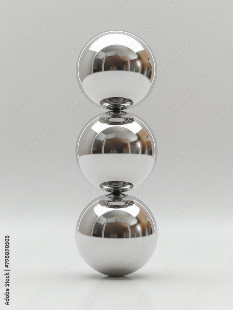 Perfect equilibrium, three silver spheres standing on top of each other in an impossible perfect balance
