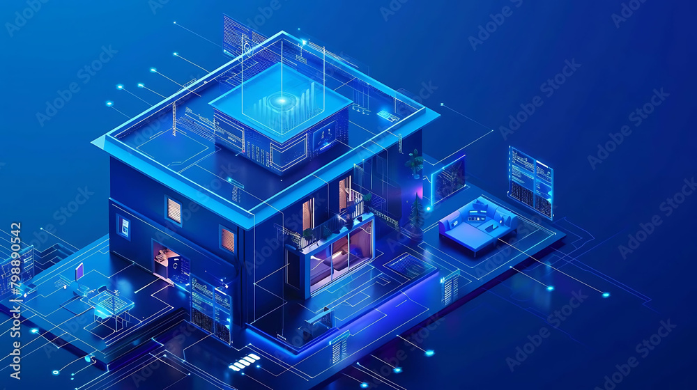 iot integration, a blue building with a small window, stands tall against a clear blue sky, with a iot integration, a blue building with a small window, stands tall against a clear blue sky, with a