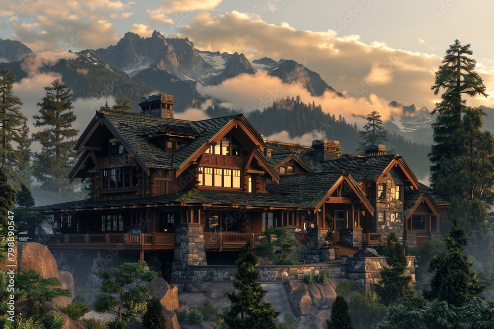 A 3D render of a classic American Craftsman house at sunrise in the Pacific Northwest, surrounded by towering evergreens and misty mountains, with a rich wooden exterior and stone accents.