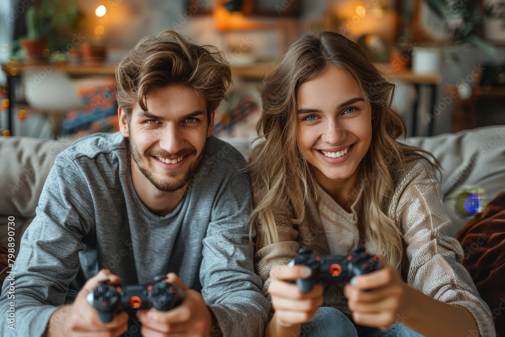 Young couple playing a video game Young couple playing a video game