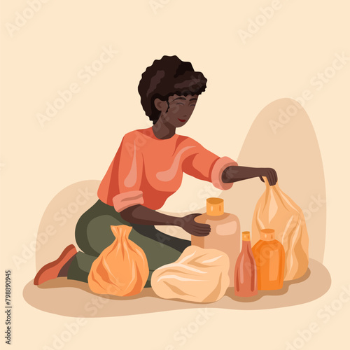 Vector illustration of a African woman sorting plastic garbage. Flat illustration on the theme of zero waste and recycle in warm colors. Ecological lifestyle (ID: 798890945)
