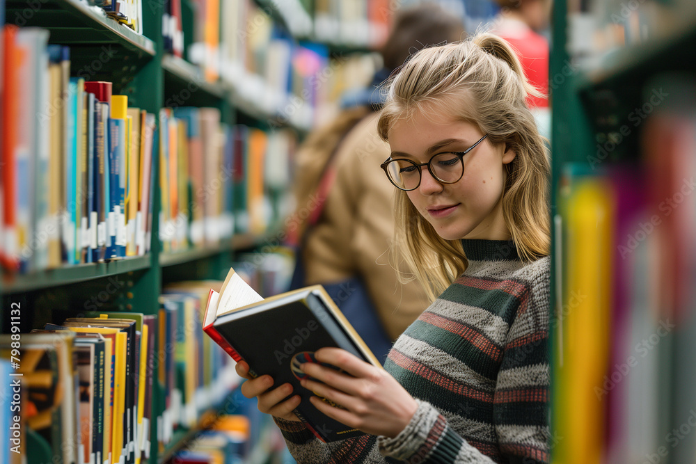 Young Woman Reading in Library Aisle Young Woman Reading in Library Aisle