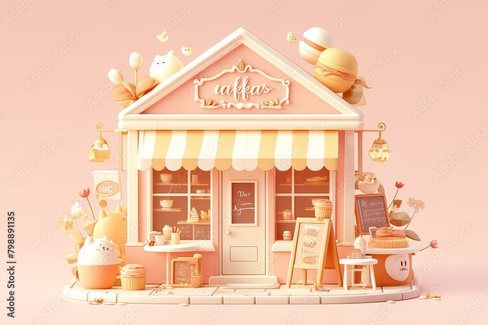 A cute pink coffee shop with an awning and tables, chairs and counter